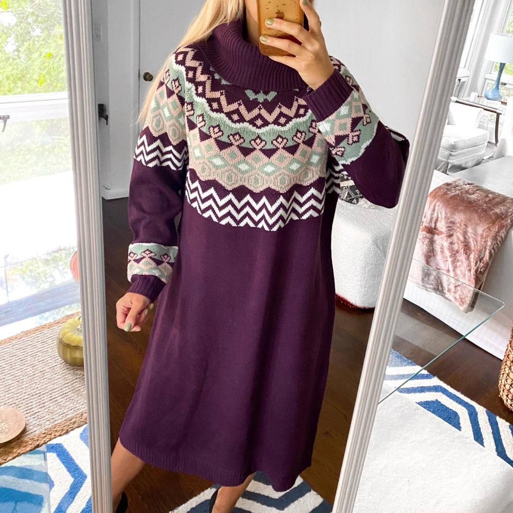 ❄️ BPC PURPLE MULTI JACQUARD TURTLENECK KNIT DRESS!